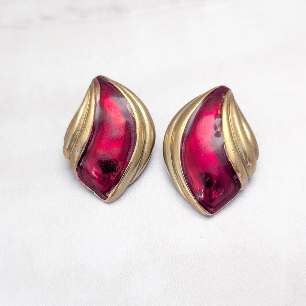Vintage Clip On Earrings 1.5" Extra Large Red & Gold Tone - Fair Condition